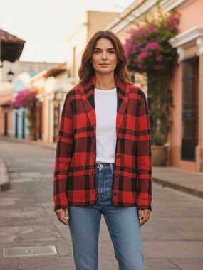 Chaps Red and Black Plaid Button-Up Shawl Collar Cardigan